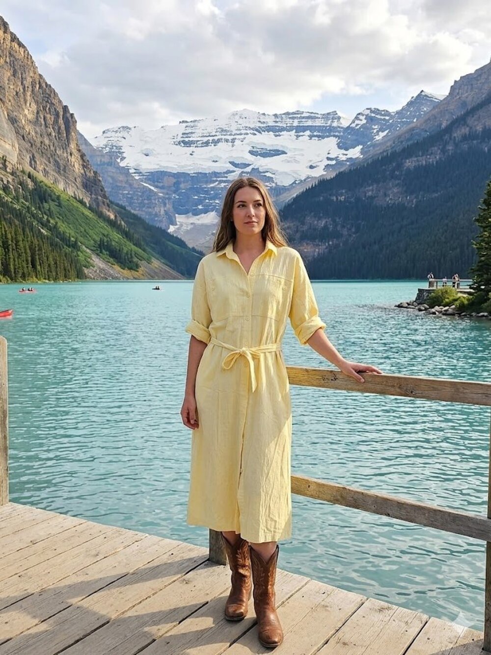 Vintage Light Yellow Cotton Button-Up Shirt Dress with Tie Waist